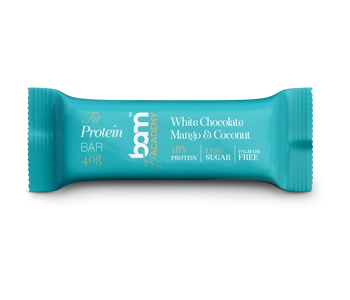 Baton proteinowy ze słodzikiem, Biała czekolada, mango i kokos