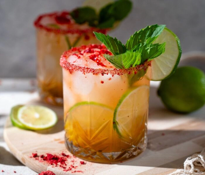 mocktail z mango z liofilizowanymi truskawkami